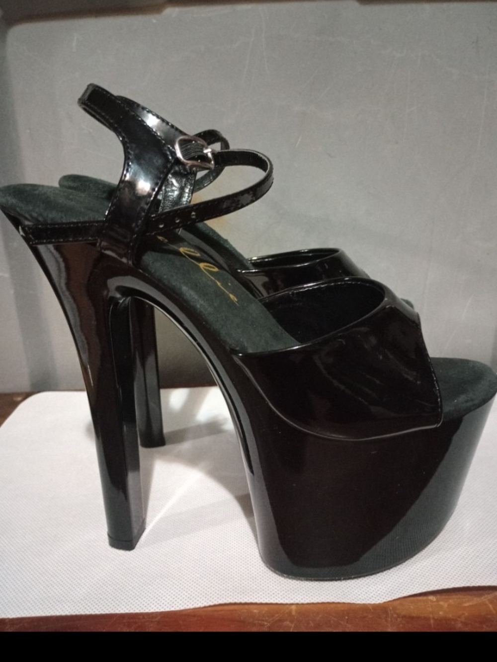 Ellie Black Patent Platform Sandals with Ankle Strap